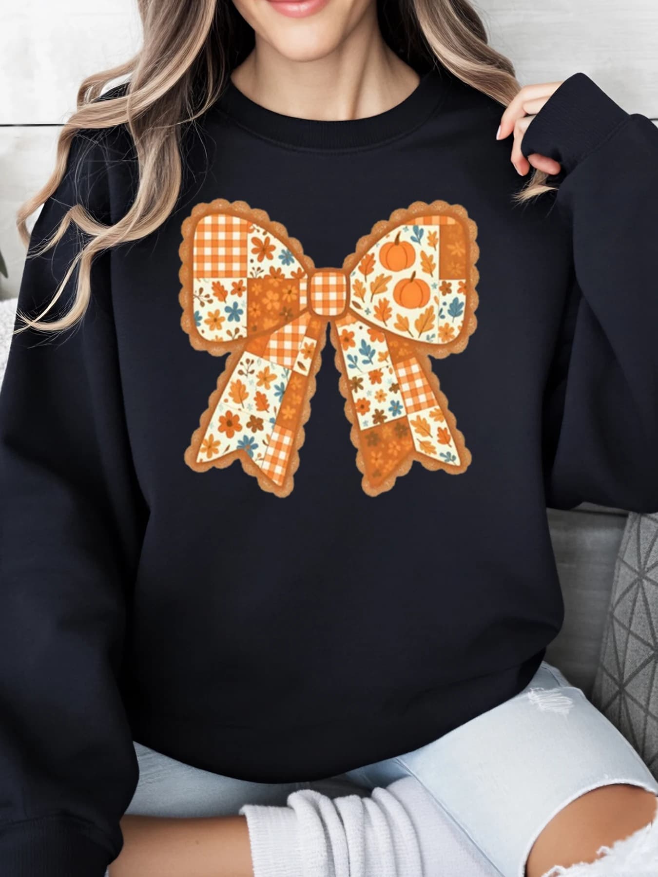 Felpa per il Ringraziamento con stampa fiocco patchwork Donna Abbigliamento casual autunnale Nero Taglie forti