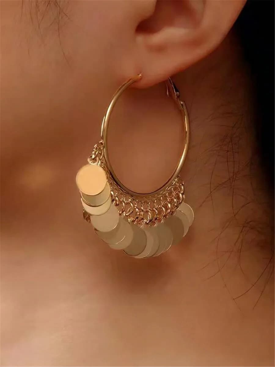 1 paio di orecchini a disco con ciondolo rotondo geometrico, orecchini a cerchio grandi per donna, look elegante e alla moda