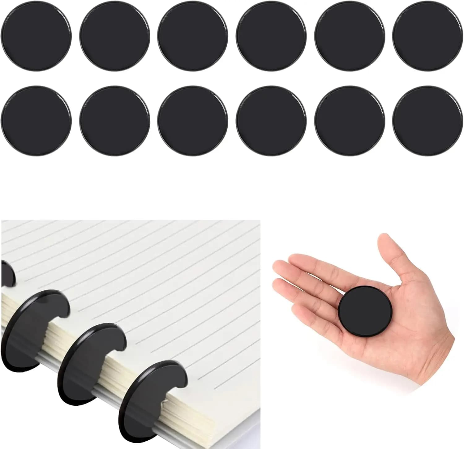 Set di 12 Dischi di Espansione da 2 Pollici con Anelli per Rilegatura - Dischi in Plastica Nera per Rilegatura Libri, Quaderni Fai-da-Te e Scrapbooking