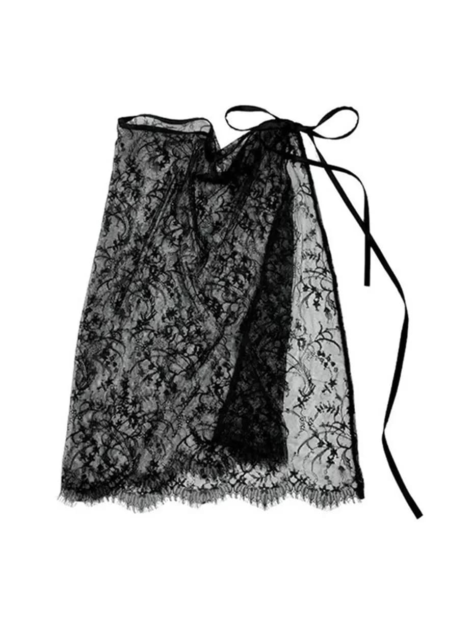 Korean Style Black Lace Skirt Curtain Women's Autumn Winter New Layered High Waist Polka Dot Half Skirt Cover up Skirt