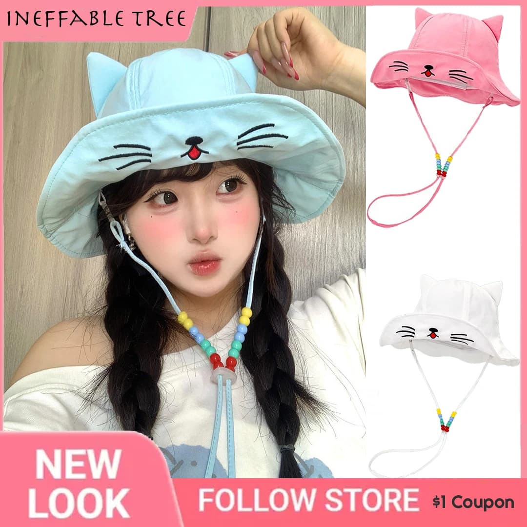 Cute Cat Embroidered Ear Bucket Hats for Women Summer Travel Sunscreen Versatile Personalized Beaded Strap Lace Up Sun Cap Bob