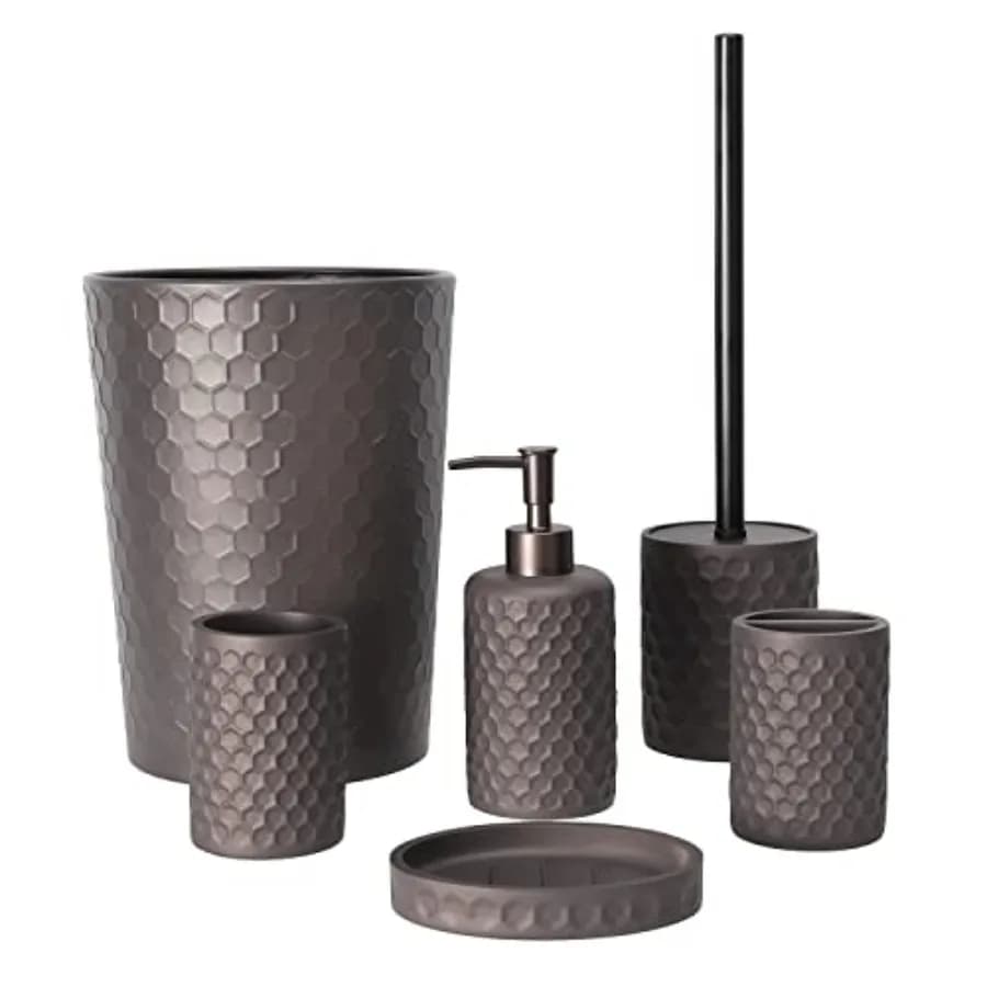 Set di Accessori per il Bagno - Set di 6 Pezzi in Bronzo con Cestino, Portaspazzolino, Bicchiere per Spazzolino, Dispenser Sapone S