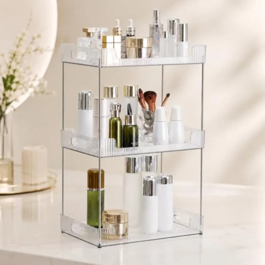 3 Tier Bathroom Counter Organizer, Multi-Purpose Cosmetics Skincare Shelf, Fits A4 Size Makeup Organizer for Office and Vanity