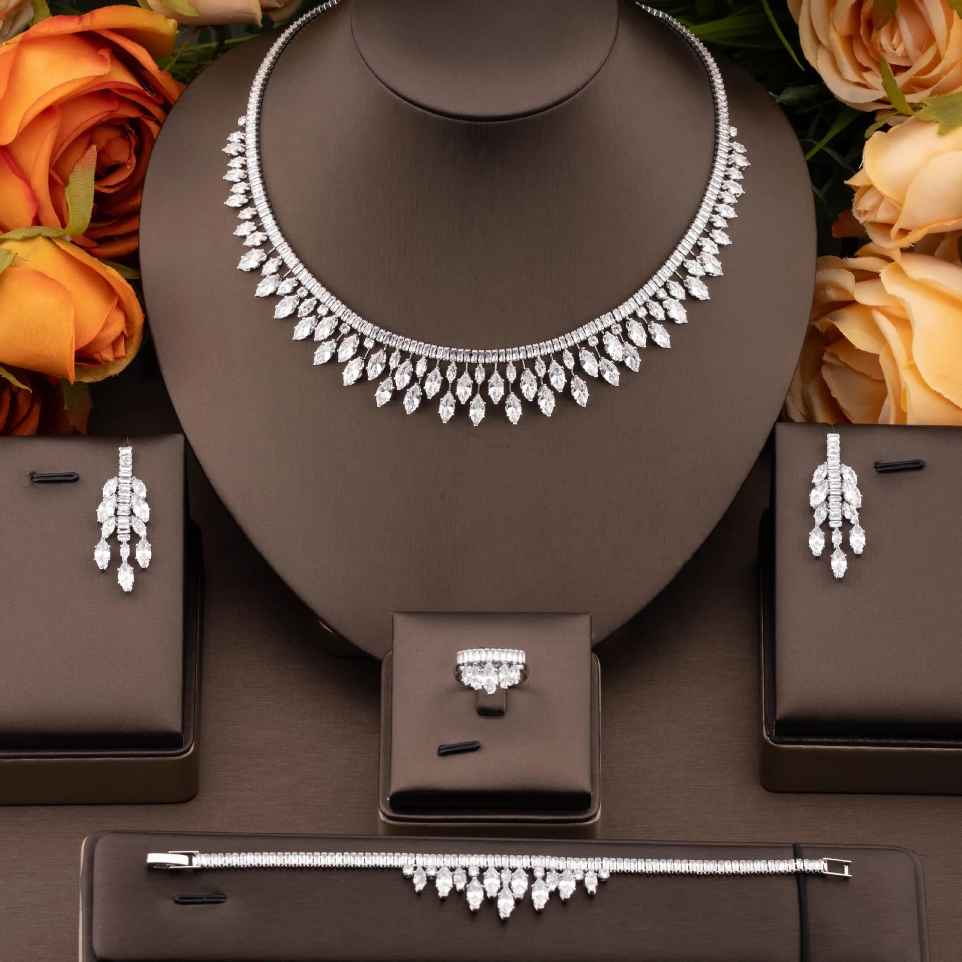 4-Pieces Jewelry Sets For Women Cubic Zirconia CZ Ladies Pendant Necklace Earring Set Bridal Necklace Set Wedding Accessories