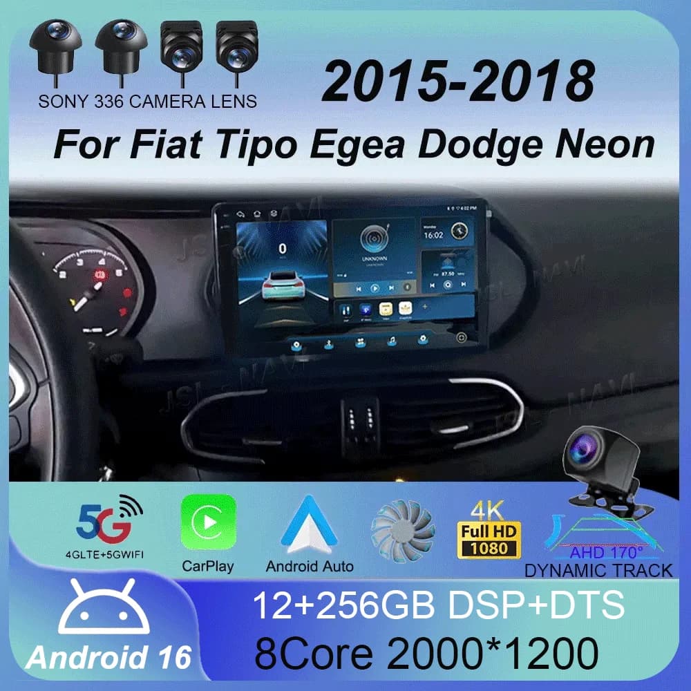 Autoradio Android 16 per Fiat Tipo Egea Dodge Neon 2015-2018 2K QLED Stereo Multimedia Video Player GPS 4G CarPlay