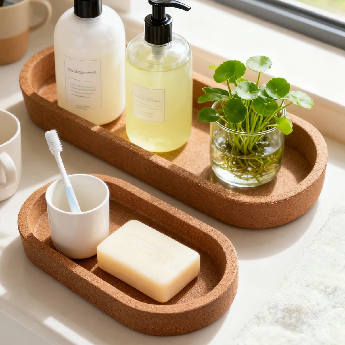 Vassoio da bagno rettangolare in sughero di forma ovale, per organizer da appoggio, dispenser di sapone/profumo/porta gioielli, utensili da cucina