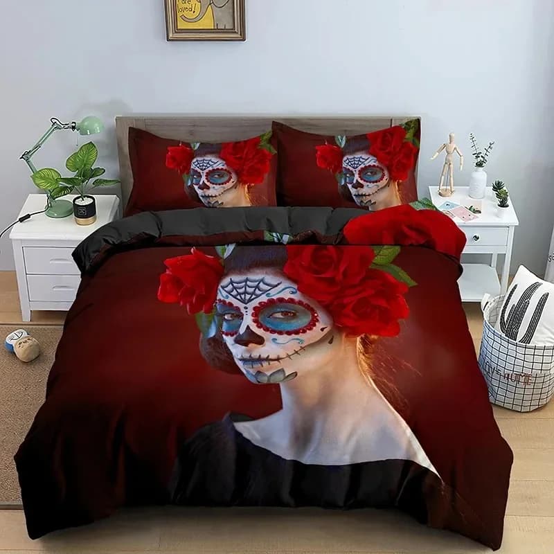 Sugar Skull King Queen Duvet Cover Vintage Skeleton Girl Gothic Day of The Dead Bedding Set Halloween Rose Polyester Quilt Cover