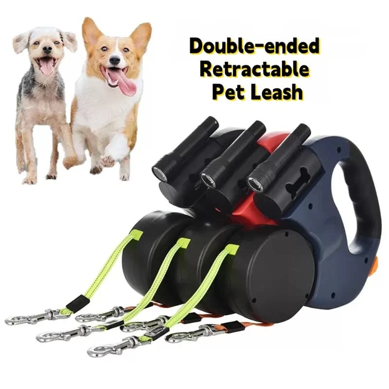 Guinzaglio per cani retrattile a doppia testa dotato di un leggero e un supporto per borsa per cacca adatto per due animali domestici dal design anti-impigliamento