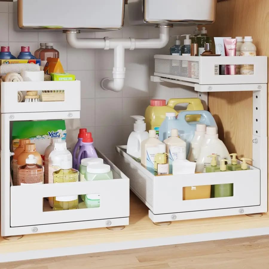 Organizzatore Sottolavello, Grande Ripiano Estraibile a 2 Livelli in Rete Elegante per l'Organizzazione di Mobili da Cucina e Bagno, a Forma di L