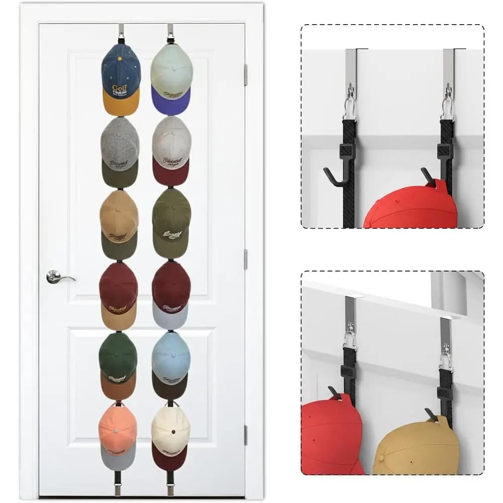 Over-the-Door Hat Organizer with 12 Hooks for Wall Storage & Display - 2 Pack