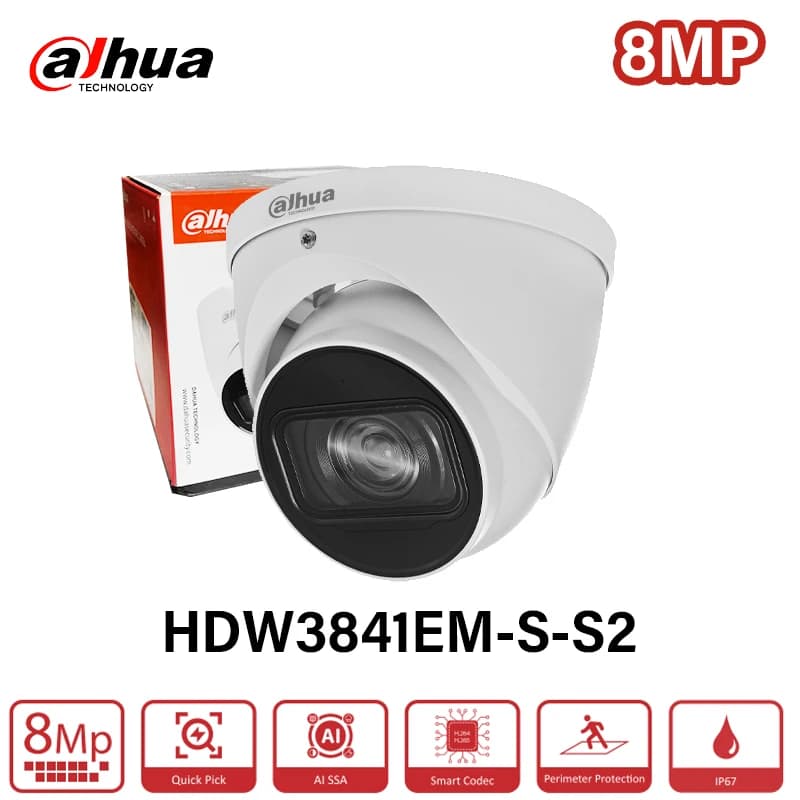 Dahua 8MP H.265 IR Fixed Focal Eyeball Camera SMD 4.0 WebCam Mic IP67 Security AI Detection People/vehicles 4K IPC-HDW3841EM-S-S2