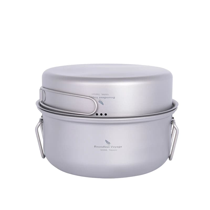 Set of camping pots Boundless Voyage Titanium Steamer with pot, pan and saucepan for outdoor cooking