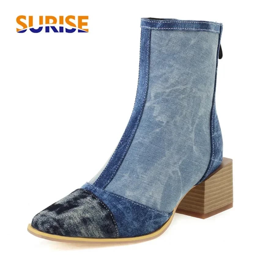 Stivaletti in denim moda donna tacco alto in legno rosso nero blu jeans patchwork stivaletti invernali con cerniera punta quadrata da donna