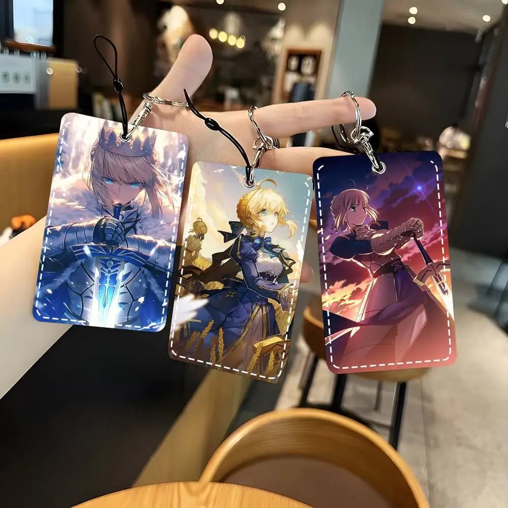 1pc A-Anime Fate Stay Night Saber Card Case Keychain Access Card Bag Key Tag Ring Leather Card Holder Key Ring Access