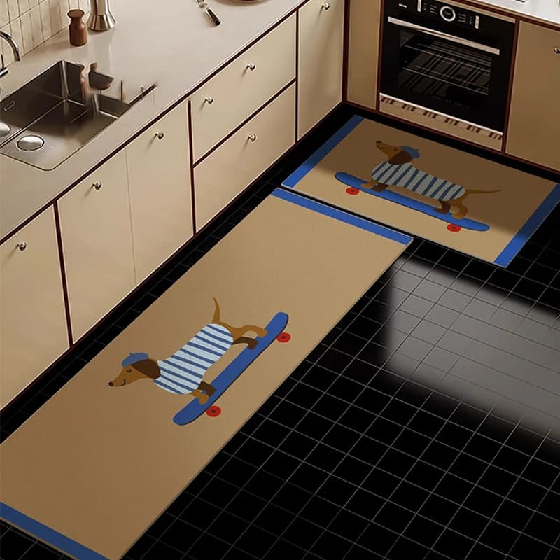Kitchen Carpet Cartoon Dachshund Rug Anti-slip Oil-proof Floor Mat Waterproof PVC Leather Rugs Cute Decorative Long Strip Mats