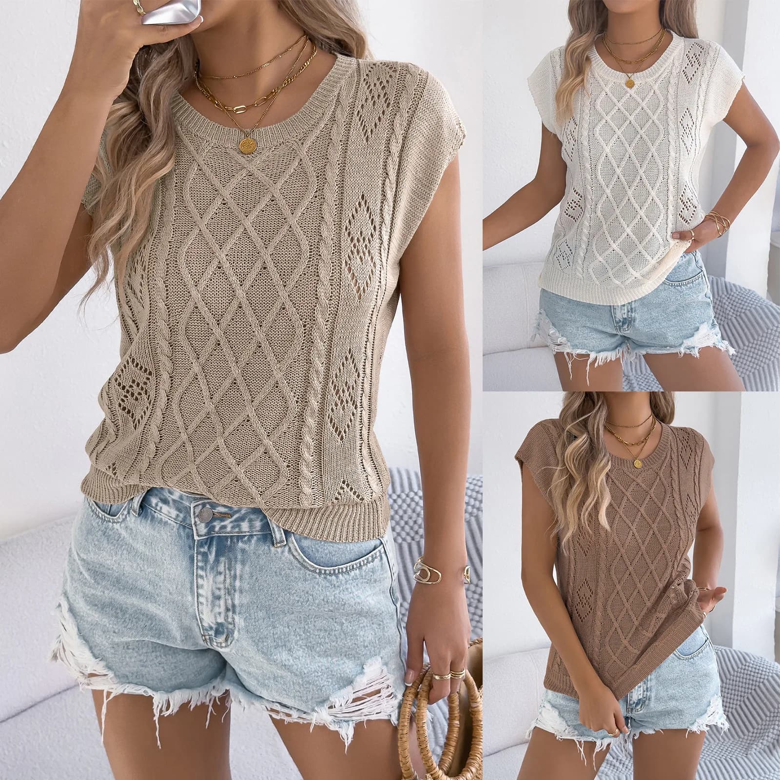 Chic 2026 Spring Sweater Vests Tops Women Summer Hollow Twist Bat Sleeve Streetwear Tanks Casual Loose Knitted Sweater Top Y2K