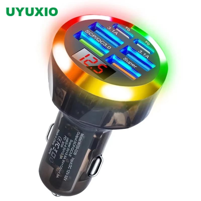 UYUXIO Caricatore per telefono da auto USB C trasparente 6 in 1 Ricarica super veloce con display di tensione Luce colorata per iPhone Samsung