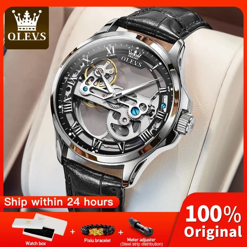 OLEVS 6661 Men's Watch Automatic mechanical watches Waterproof Leather Strap Top Luxury Watches Luminous Watches for Men Gift Pack