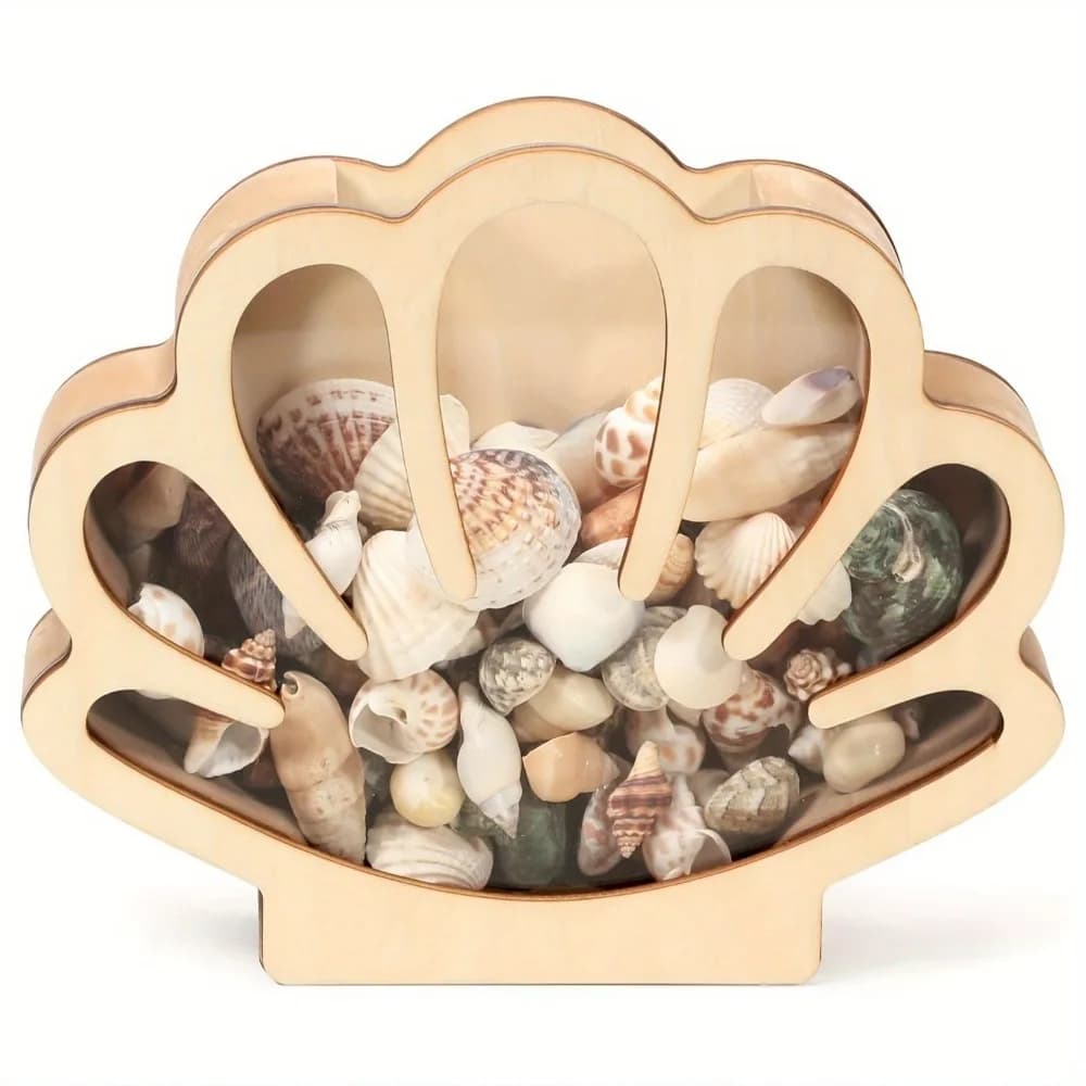 7.09*5.91 Inch Seashell Display Box Wooden Seashell Collection Storage with Acrylic Window Shell Shaped Nail Polish Storage Box