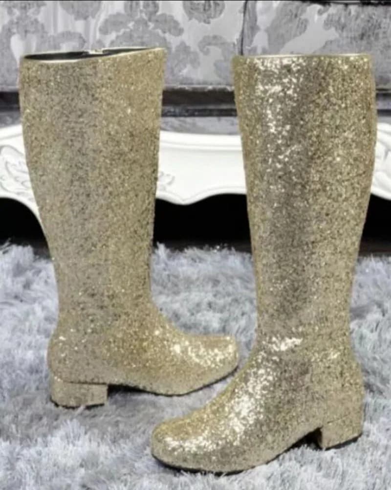 Bling Bling Argento Oro Paillettes Tacchi bassi Stivali al ginocchio Punta tonda Tacco grosso Donna Stivali da performance con glitter scenici