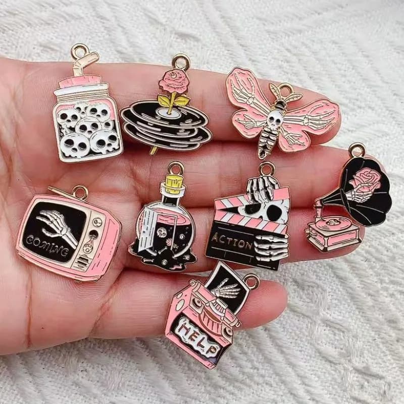 10pcs Pink Halloween Skeleton Metal Enamel Charms Pendant for DIY Earrings Necklace Bracelet Jewelry Making Keychain Accessory