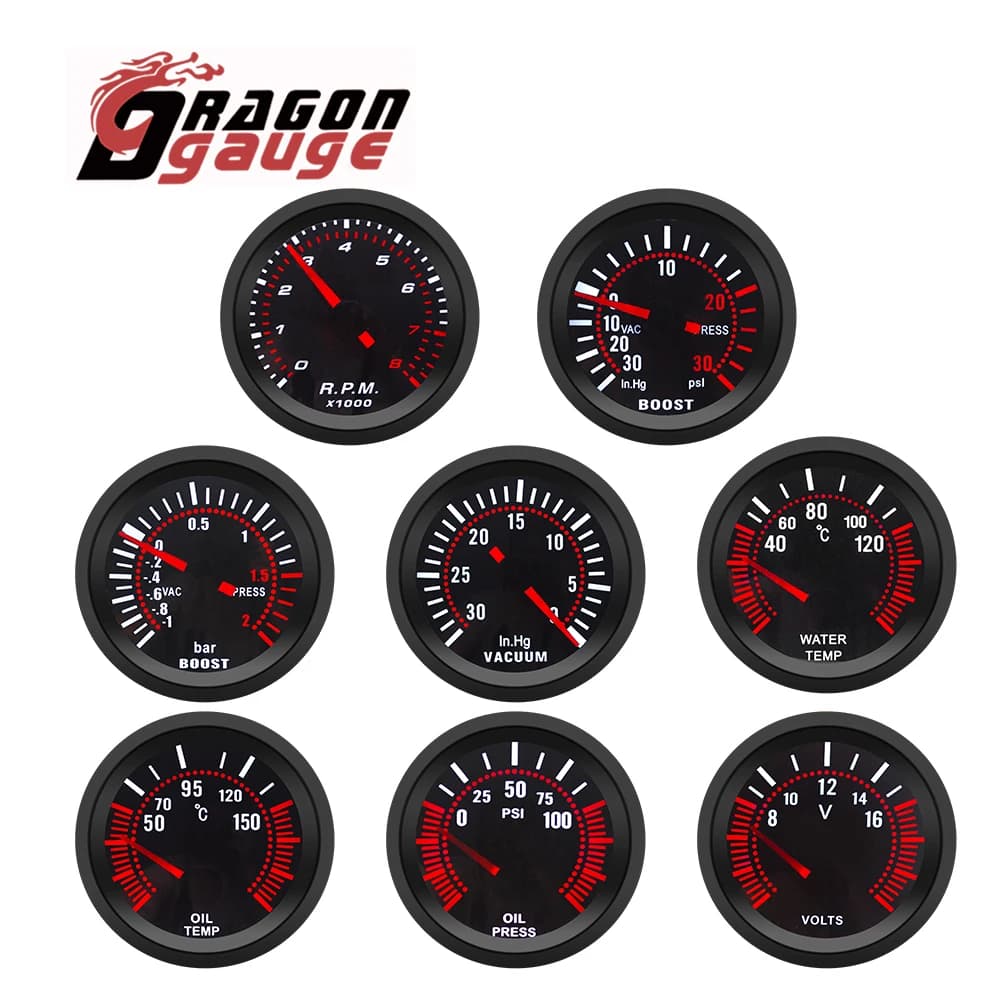 「DRAGON」2" 52mm Temperatura dell'acqua Temperatura dell'olio Contagiri pressione dell'olio RPM Voltmetro Vuoto Boost PSI/Bar Lenti fumée Indicatori per auto