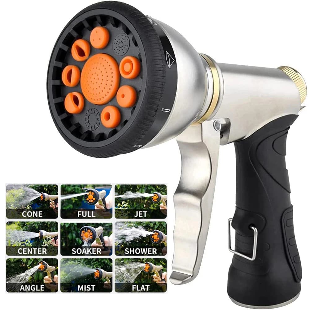 Ugello per tubo da giardino in metallo resistente con 9 modelli di spruzzo regolabili - Impugnatura antiscivolo, spruzzatore d'acqua in alluminio antiruggine