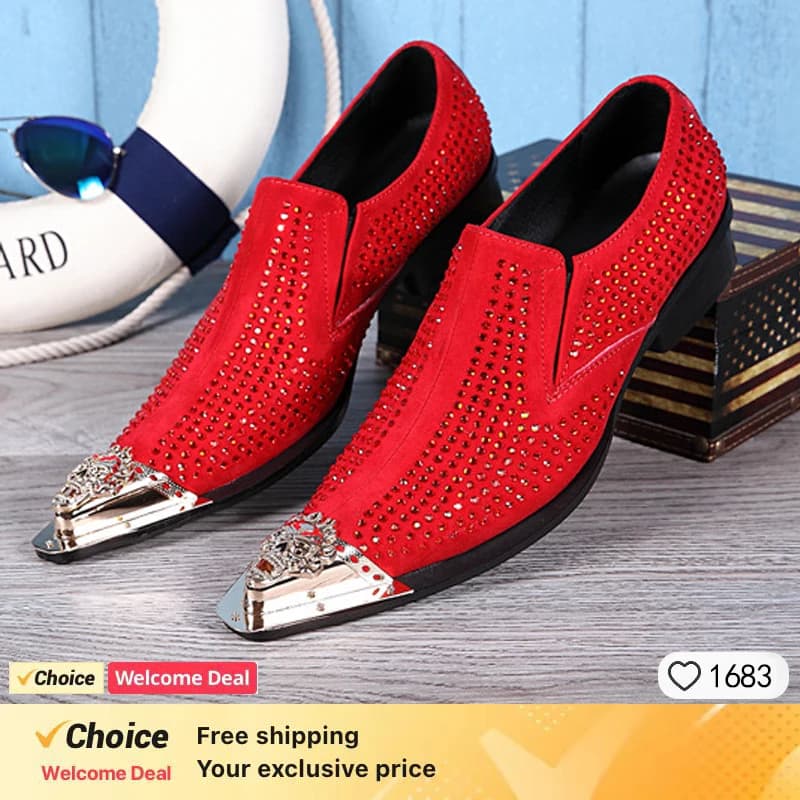 Scarpe eleganti da uomo con paillettes rosse e punta a punta, per feste di matrimonio, spettacoli formali, calzature in pelle per eventi e