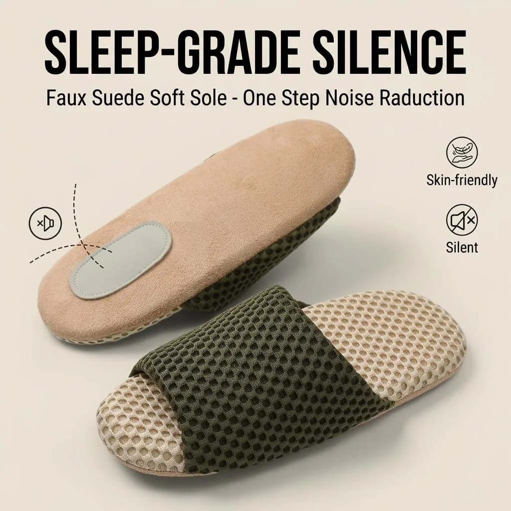 Unisex Silent Indoor Slippers Suede Sole Noise Reduction Mute Bedroom Shoes Breathable Mesh Open Toe House Slides for Men Women