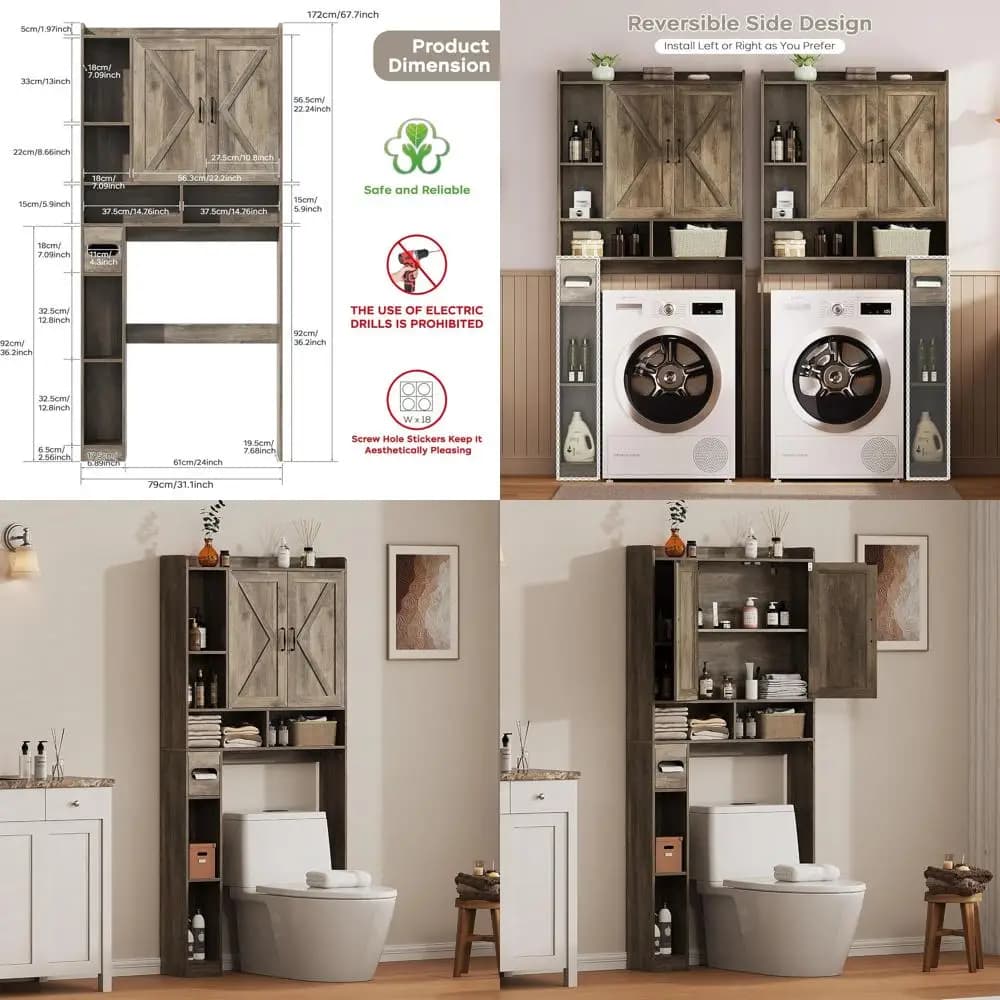 Mobiletto Salvaspazio da Posizionare Sopra il WC, Organizer da Bagno Largo 31,1 Pollici con Doppia Porta, Portarotolo Staccabile, Grigio