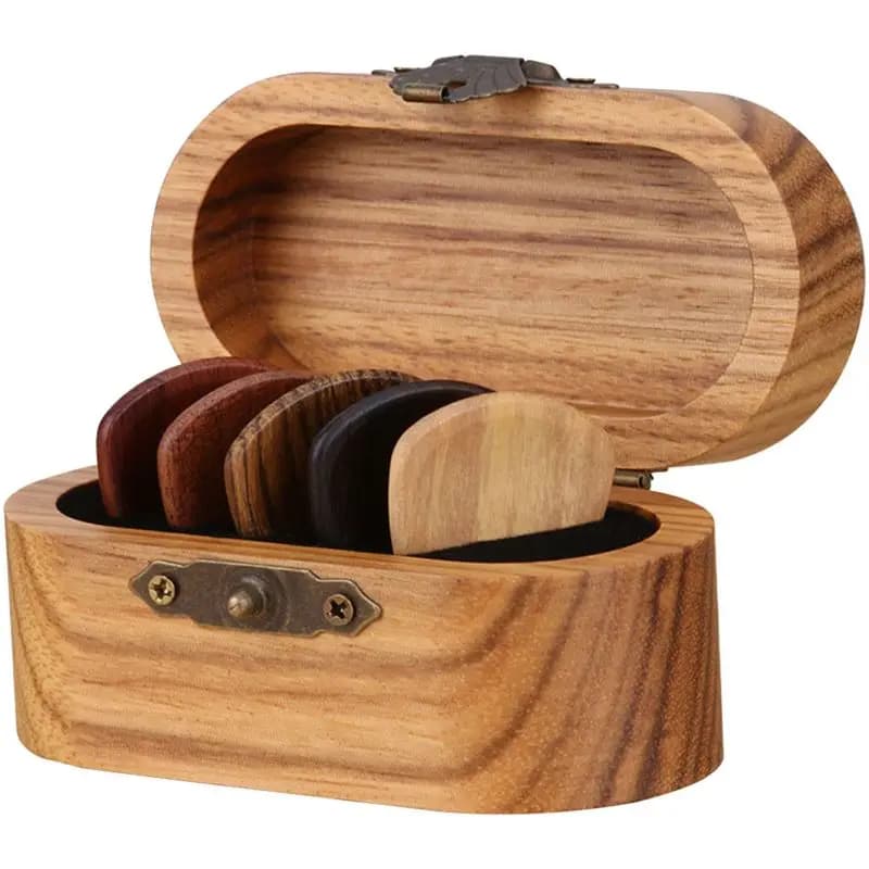Y726A Porta plettro HOT per chitarra con plettro in legno, vetrina per plettro per chitarra in legno, mini scatola per plettro per chitarra