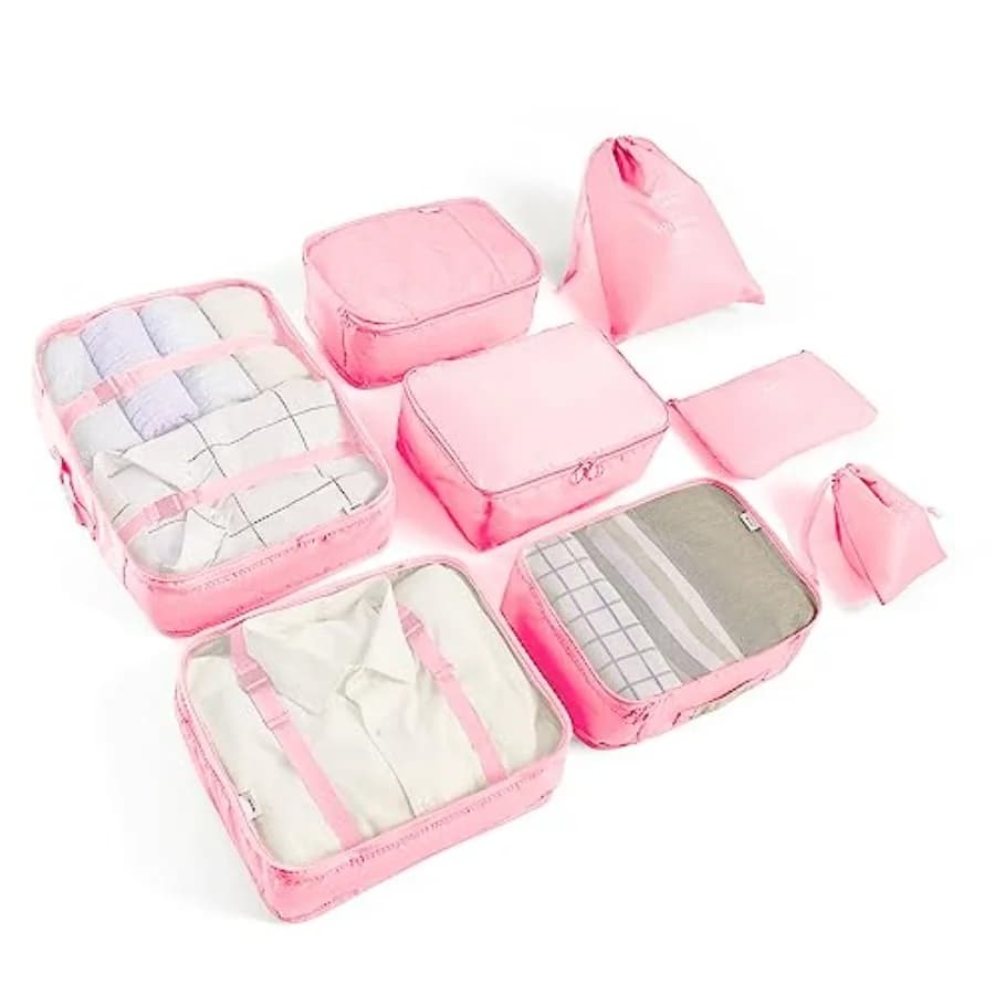 Set of 8 Pink Organizing Cubes for Valigies, Essential Travel Accessories, Shoes Bag, Toilet Bag, Bucato Bag, Lightweight and Resistant