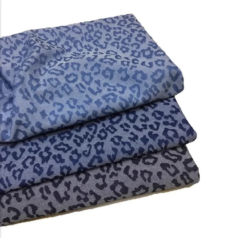 Washed denim fabric with jacquard leopard print per meter for jeans, coats, elegant bags, DIY sewn, black blue fashion fabric