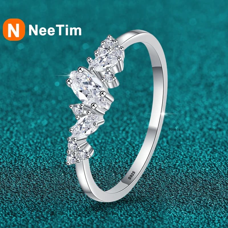NeeTim Full Moissanite Rings for Women 925 Sterling Silver Marquise cut Moissanite Lab Diamond Wedding Ring Gemstone Band