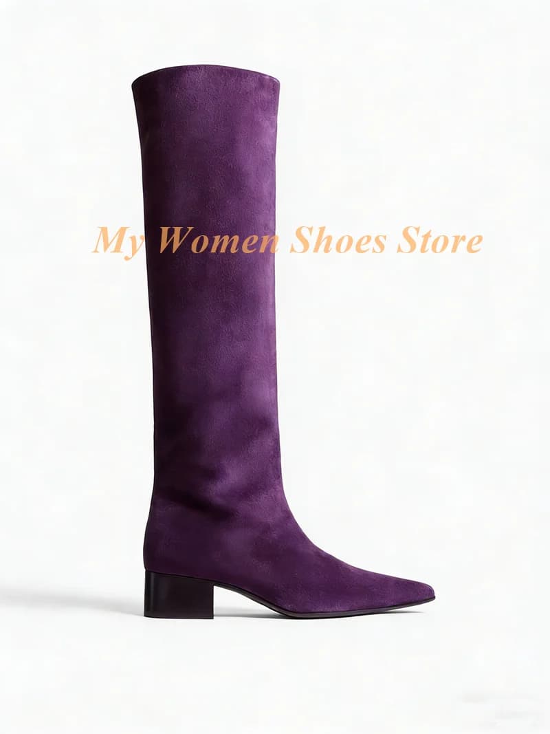 Suede boots with medium heel, pointed, up to the knee, slip-on, woman's, autumn winter 2026, solid color, handmade, fashioned style, elegant shoes 2026