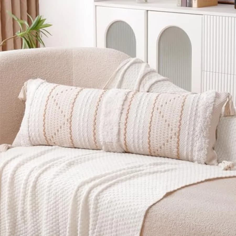 Fodera per cuscino lombare 14x36, federa decorativa trapuntata in stile boho con nappe per letto, divano e poltrona, tocco moderno rustico