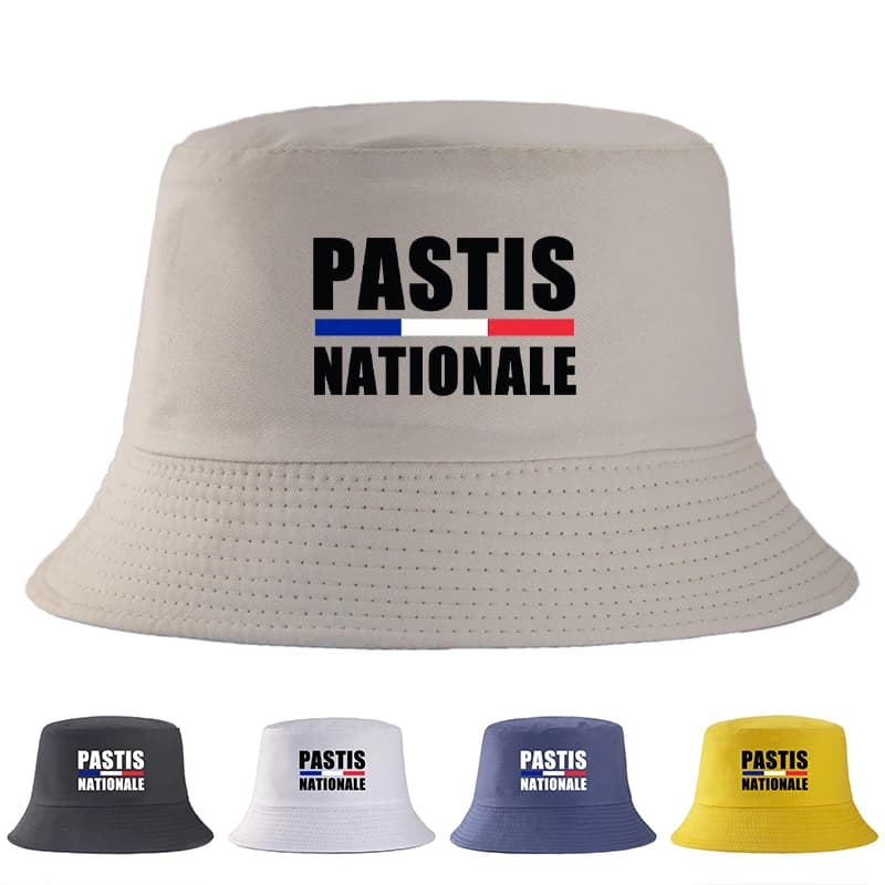 Cappello a Secchiello Reversibile con Stampa Pastis Nationale, Unisex, Estivo, in Cotone, Cappello da Sole Reversibile, Cappello Panama Bob con Stampa Alcolici Francesi