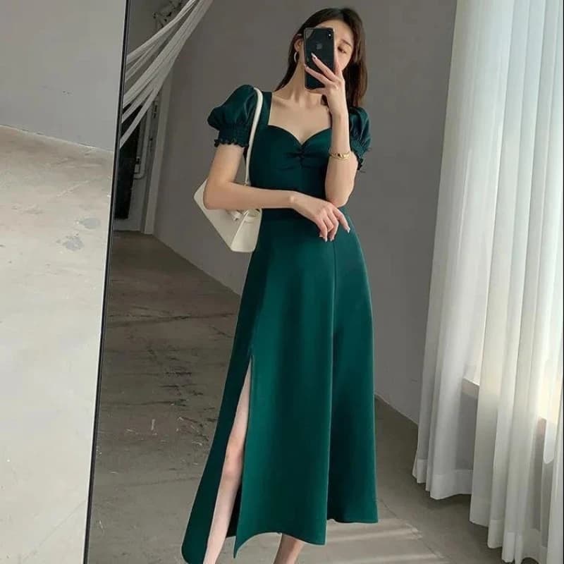 Abito estivo da donna con scollo a V a maniche corte Abito elegante da donna con spacco laterale Abiti lunghi a trapezio Abiti da sera sottili sexy solidi