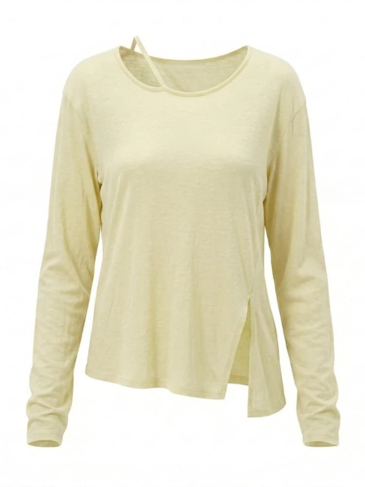 2026 Summer U Neck Ice Silk Sun Protection Cover Up Thin Long Sleeve Women's T-Shirt Stylish Off Shoulder Split Casual Loose Top