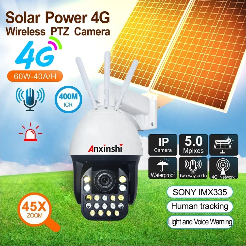 Telecamera PTZ IP di Rete 4G Anxinshi Security 2026 con Tracciamento Automatico 45X 5MP, IR 400M, Laser e Alimentazione Solare