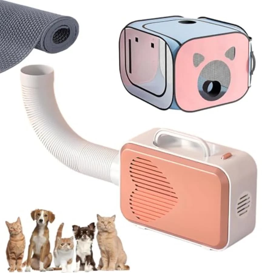 Asciugatore per Animali Domestici con Box da 108L e Tappetino, Senza Mani, Ventilazione e Circolazione, Anti-Caduta Peli, Pieghevole, Silenzioso, Ideale