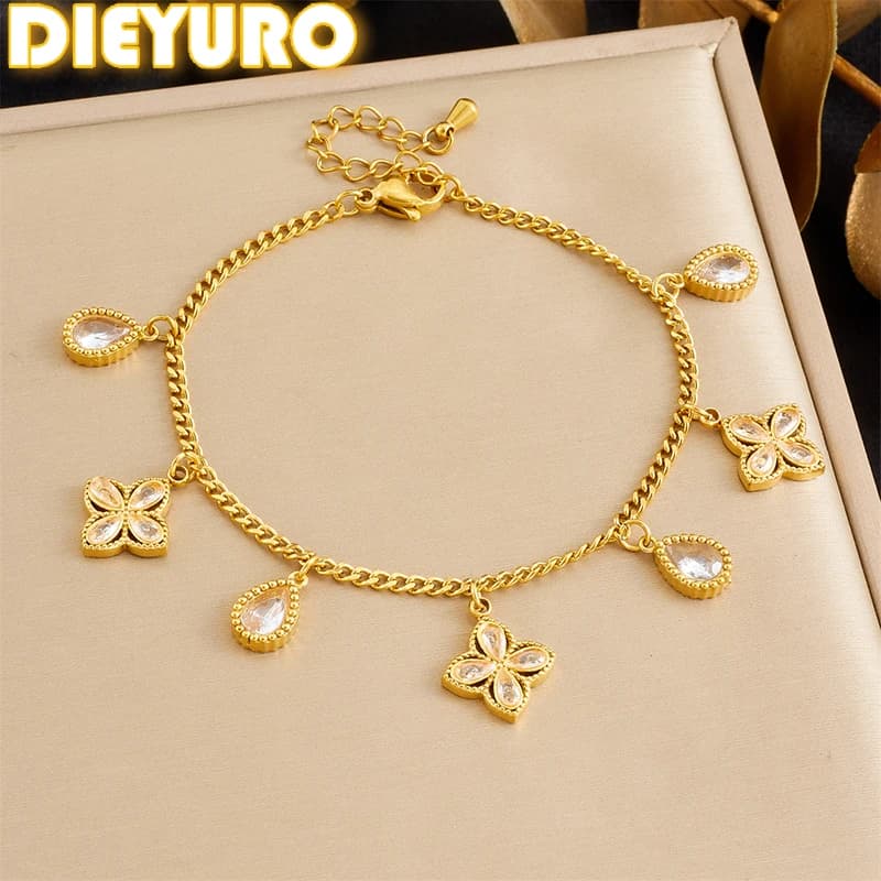 DIEYURO Bracciale con pendente a forma di fiore in cristallo bianco in acciaio inossidabile 316L Lady Nuova tendenza Gioielli classici con catena da polso glamour