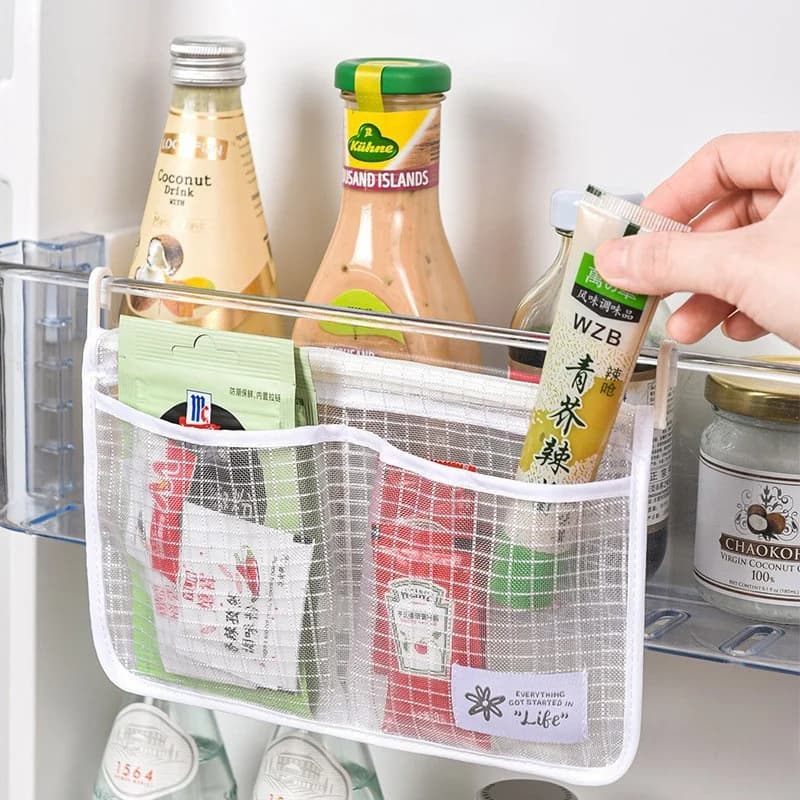 Set di 2 organizer per porta del frigorifero, borsa a rete sospesa per frigorifero, porta laterale del frigorifero, borsa per smistamento di articoli vari, organizer da appendere
