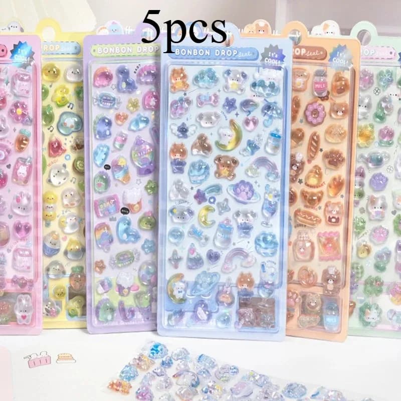 5 Pezzi Adesivi 3D a Rilievo Kawaii a Cartone Animato, Patch in Gelatina Cristallina Carina per Custodie di Cellulari, Specchi, Scrapbook, Diari, Decorazioni Animali S