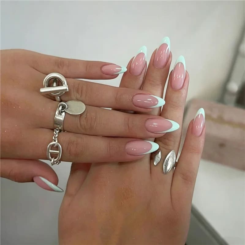 24 Pack Mint Green French Tip Almond Press On Nails Nude Base Glossy Coffin Almond False Nails Reusable Nail For Daily Party