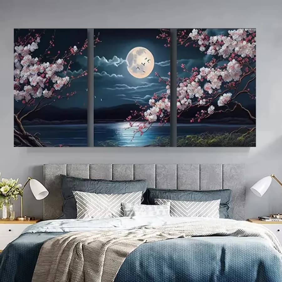 3PCS 5D Kit di pittura diamante fai da te Fiore di ciliegio giapponese Lago lunare Paesaggio Diamante Mosaico Trapano completo Ricamo Fatto a mano Hobby