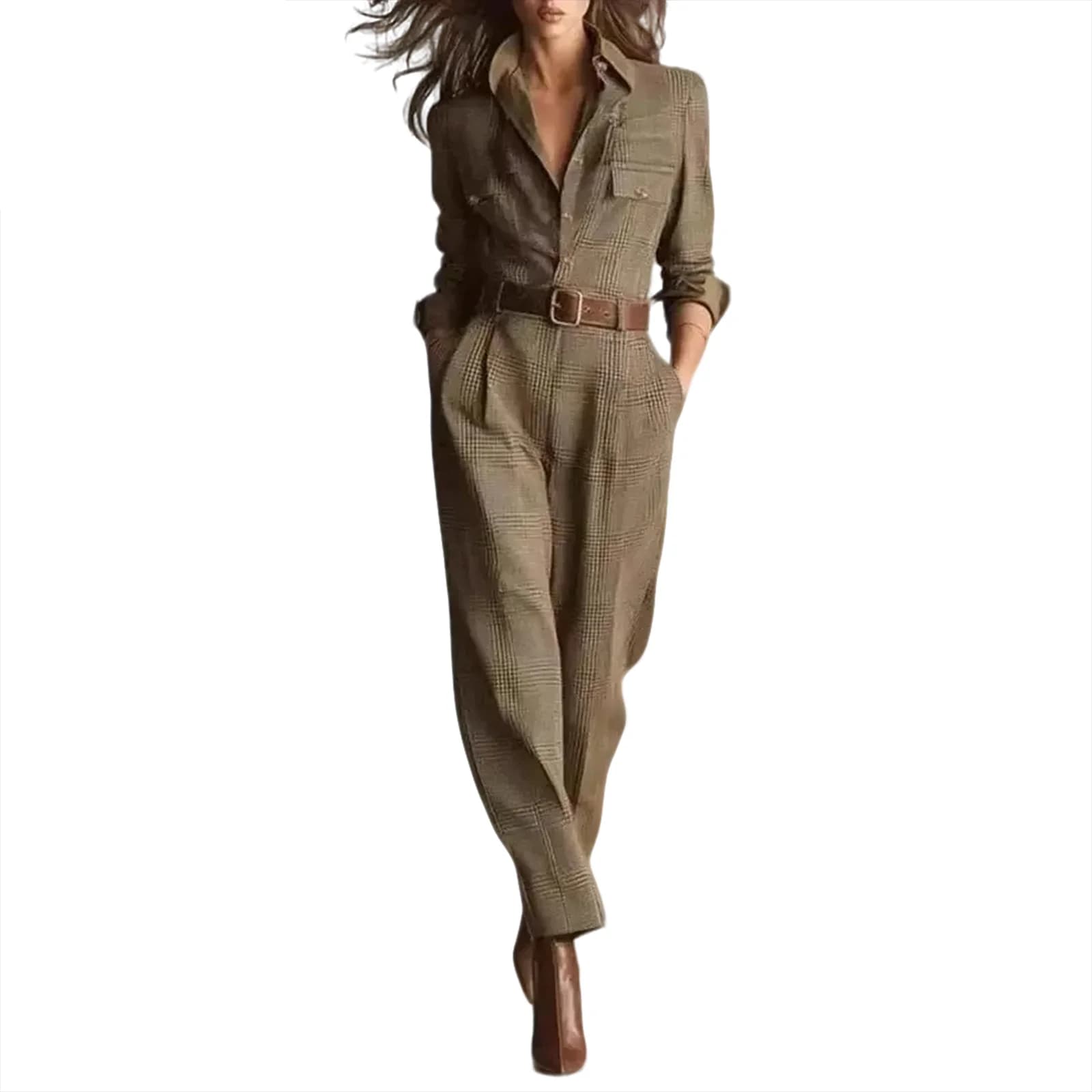 Tuta da donna Tute stile camicia scozzese beige Tute da ufficio casual a gamba larga con cintura 2026 Abito alla moda Vestido