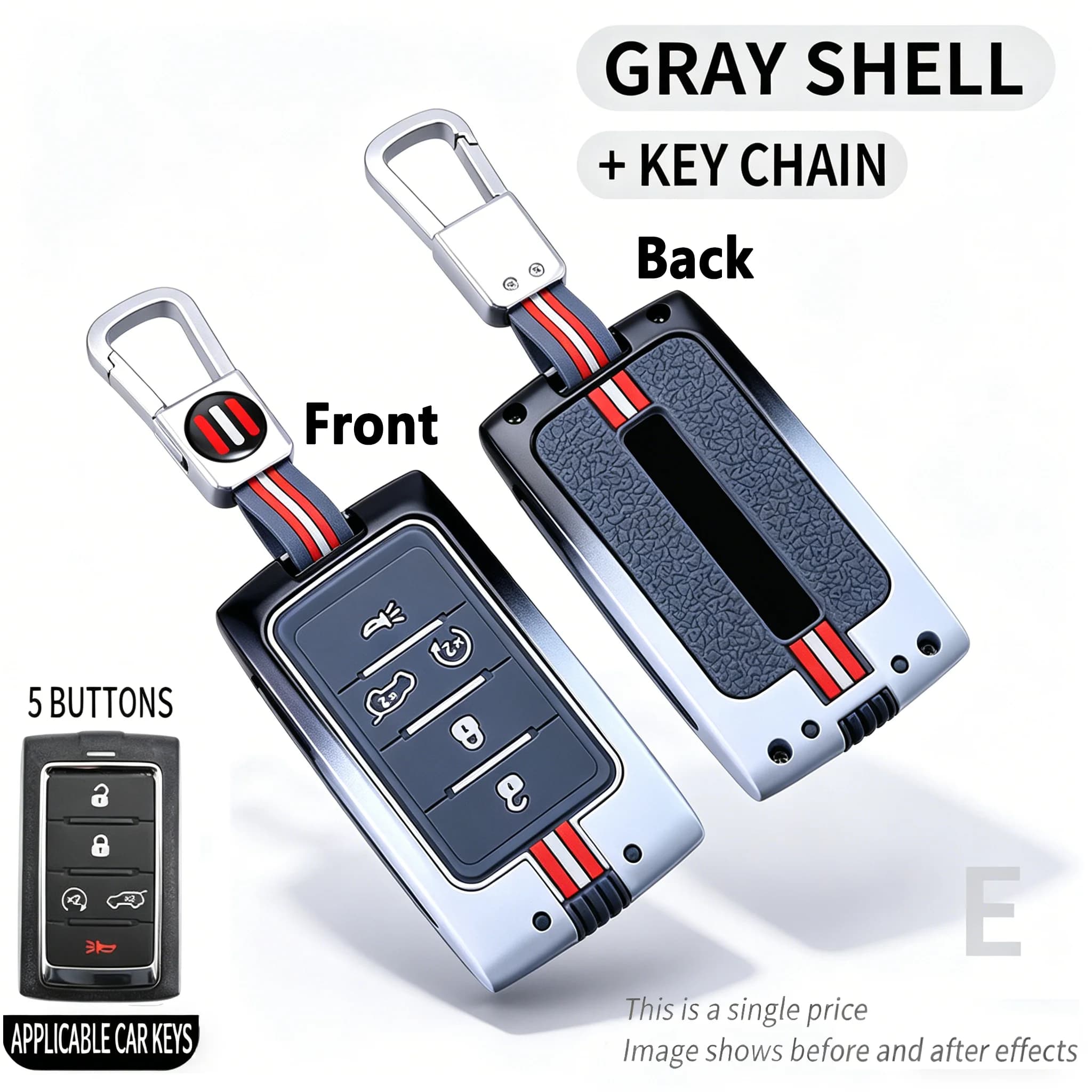 Grey Metal Key Cover for Jeep Grand Cherokee, 5 Key Protection with Keychain