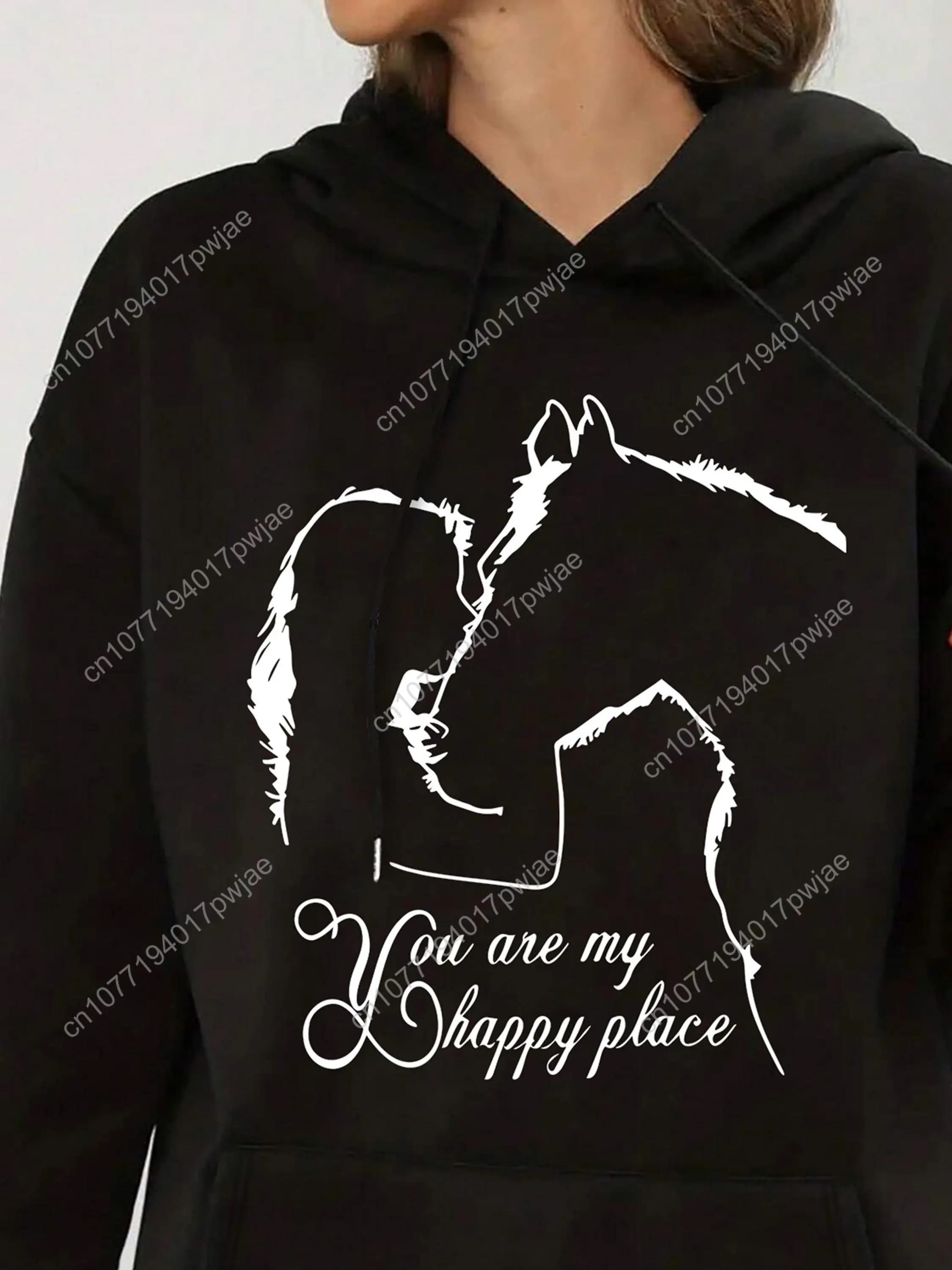 [Sudadera con cappuccio accogliente] Felpa con cappuccio in pile di peluche da donna accogliente | Felpa a maniche lunghe con stampa Silhouette Horse & Rider, cappuccio con coulisse, Ma