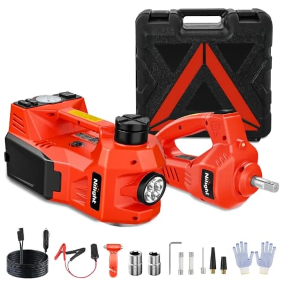 Kit Martinetto Elettrico per Auto 5 Tonnellate 12V Idraulico con Chiave a Impatto 3 in 1, Martinetto Elettrico Portatile con Gonfiatore Pneumatici
